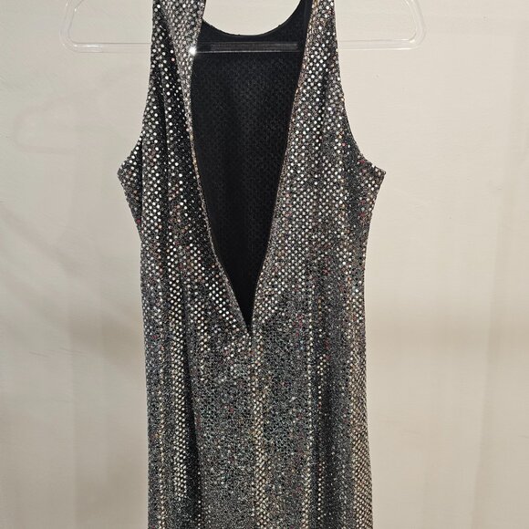 All That Jazz Silver Foil Dot Sequin Knit Halter Mini Dress (Zipper Back, Lined) - Picture 4 of 5
